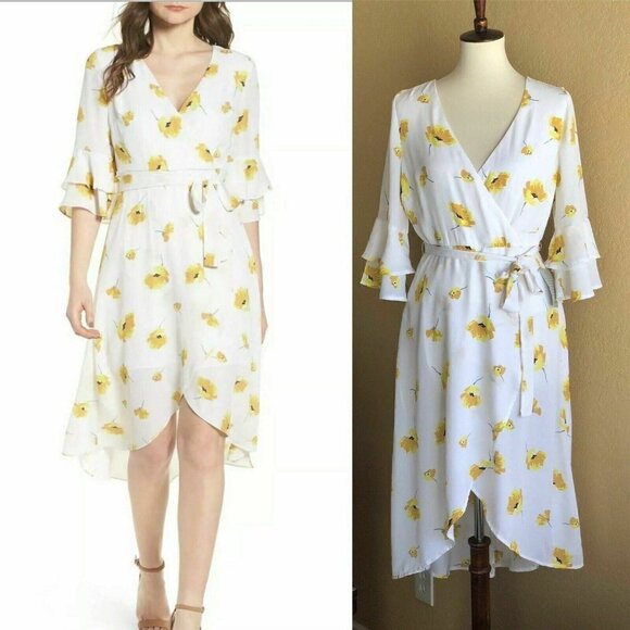 Chelsea28 Dresses & Skirts - Chelsea28 Womens White Floral Chiffon Faux Wrap Belted Midi Dress Size M